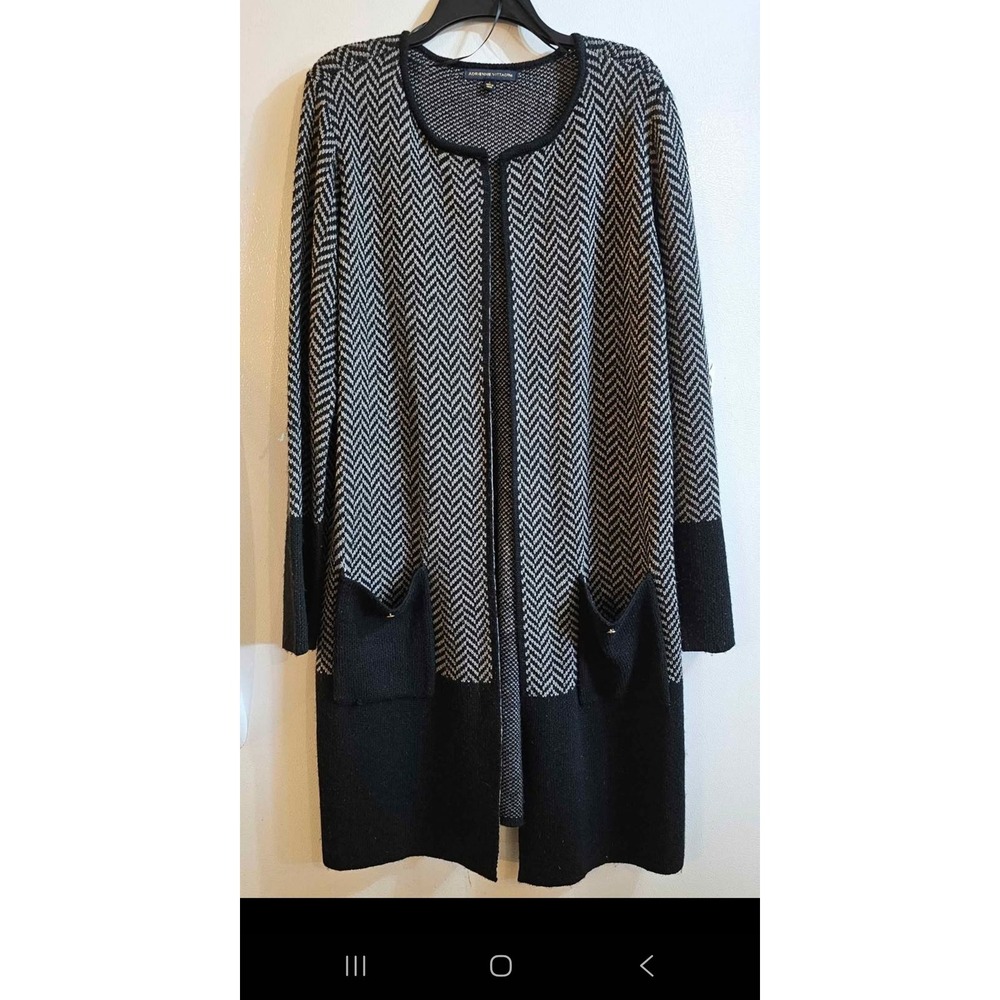 Adrienne Vittadini Chevron Herringbone Duster Cardigan Sweater Black White LARGE